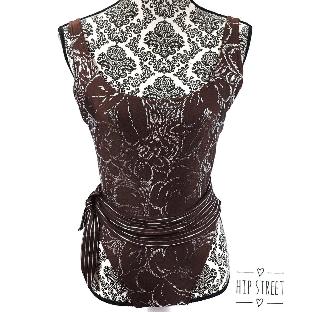 ARUBA Swimsuit Silver Metallic Floral Belted One Piece Tank 10